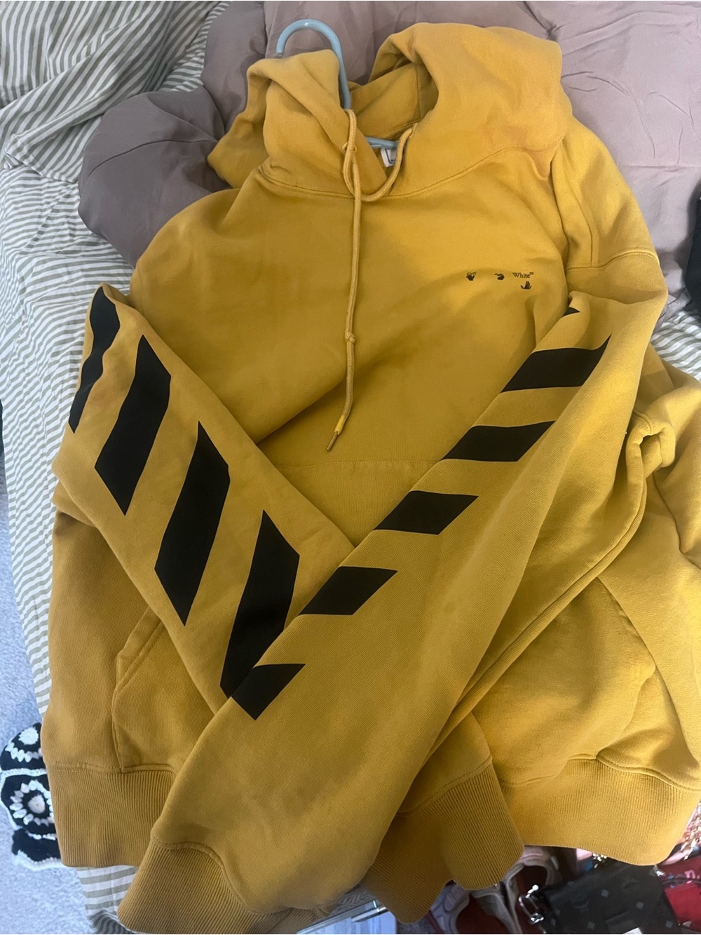 Off-White Mustard Yellow Pullover Hoodie with Subtle Logo Tag